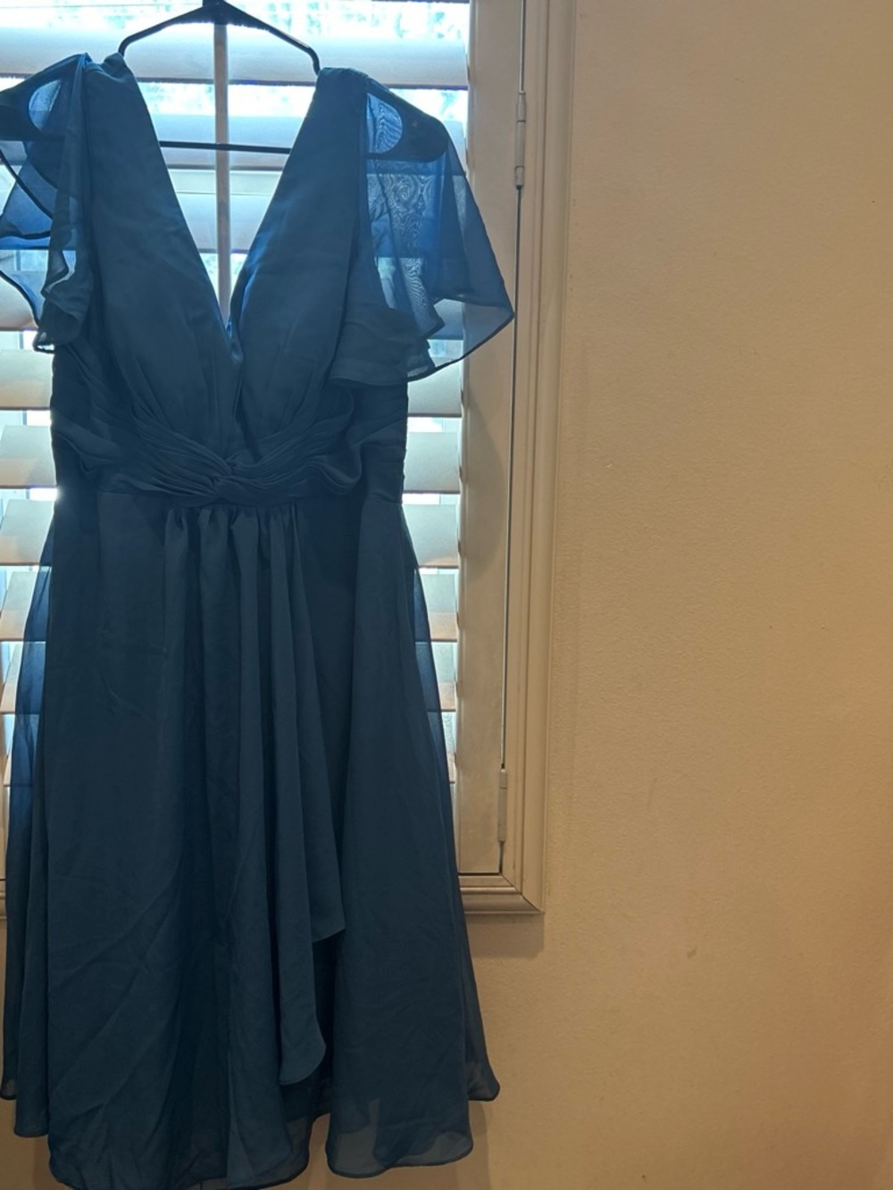 Teal Blue V-Neck Midi Dress with Flutter Sleeves